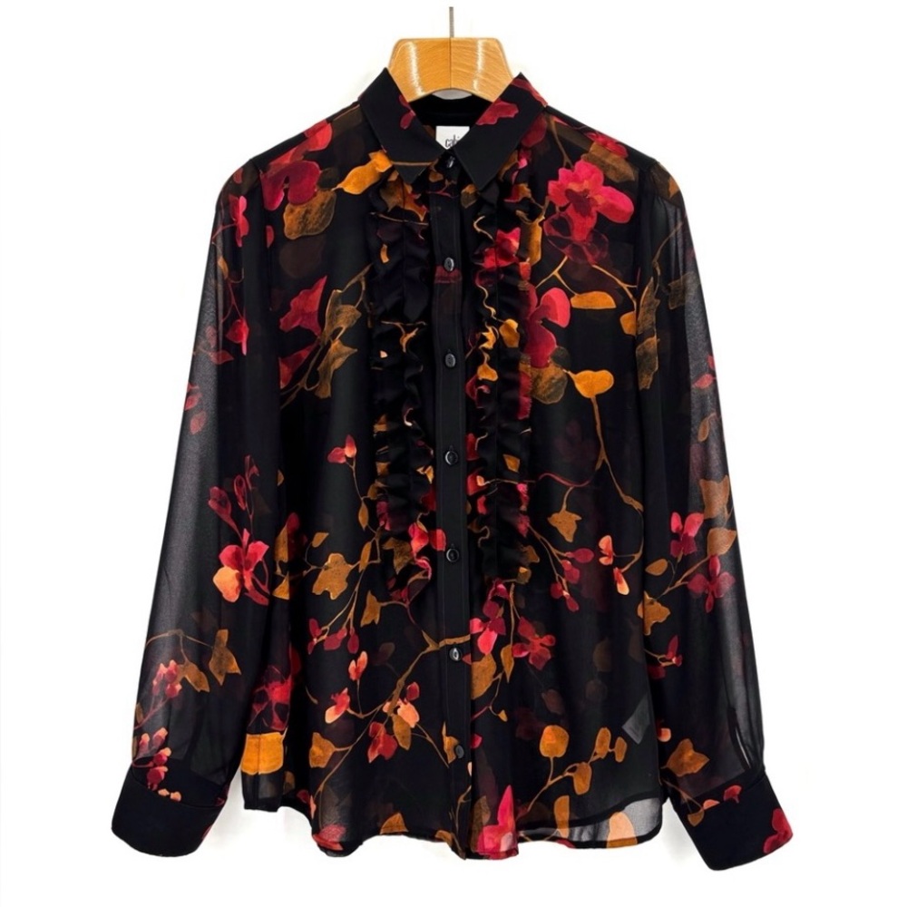 Cabi Catherine Blouse #3505, Sheer Fall Floral Print Ruffle Placket Top, Large